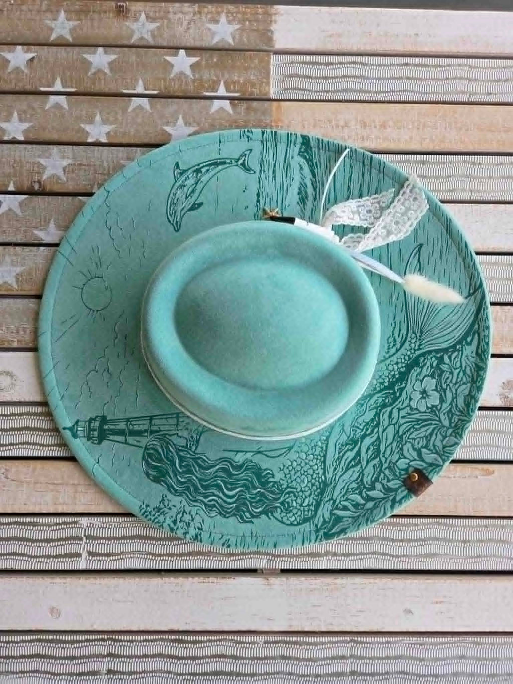 Sanibel Mermaid Hat | Hand-Painted Coastal Wide Brim Hat | One-of-a-Kind