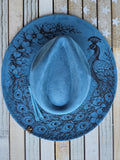 Peacock & Floral Engraved Wide Brim Hat | Round Top or Western Crown | Color Option