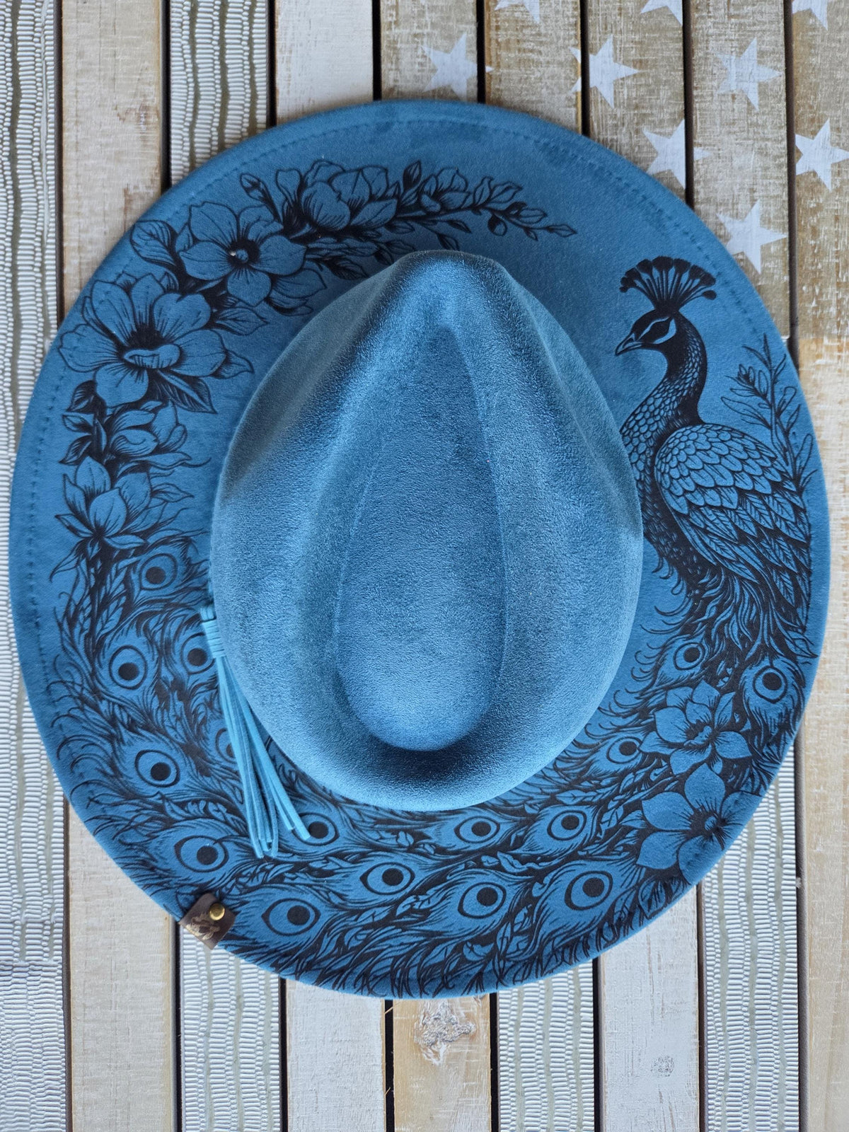 Peacock & Floral Engraved Wide Brim Hat | Round Top or Western Crown | Color Option
