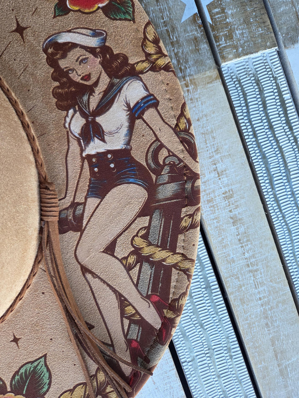 Nautical Pin-Up Engraved Hat | 2-Sided Hand-Painted Vintage Sailor Tattoo Design