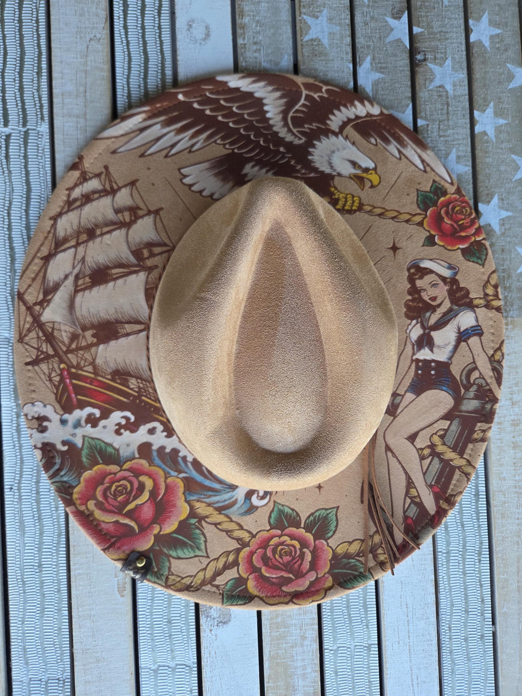 Nautical Pin-Up Engraved Hat | 2-Sided Hand-Painted Vintage Sailor Tattoo Design