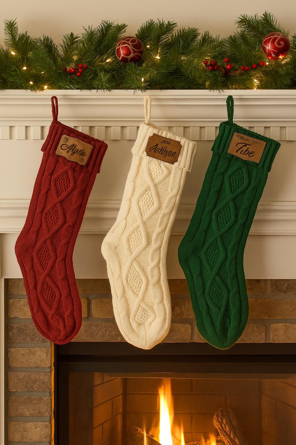 Personalized Christmas Stocking with Leather Engraved Patch | 3 Designs