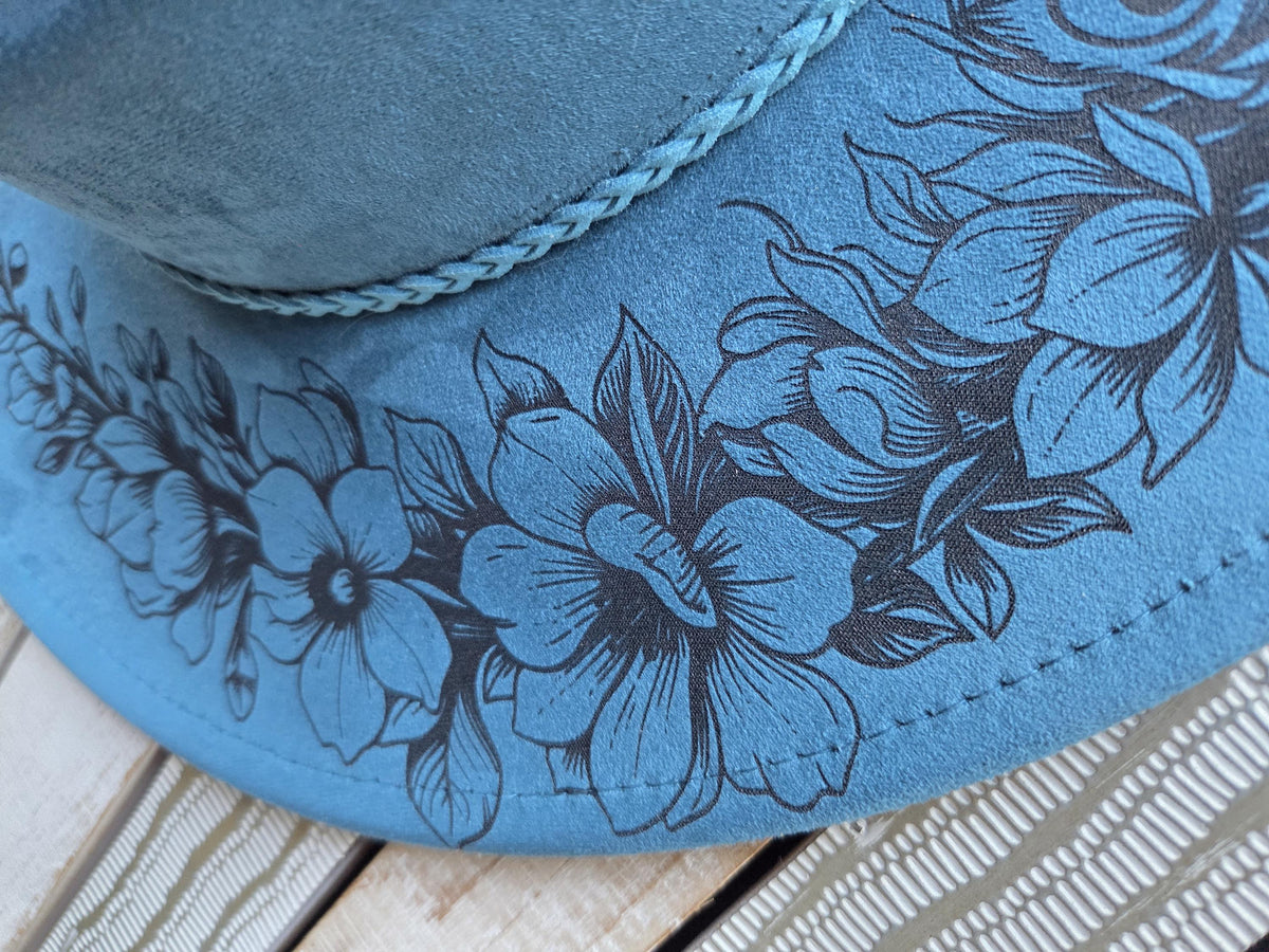 Peacock & Floral Engraved Wide Brim Hat | Round Top or Western Crown | Color Option