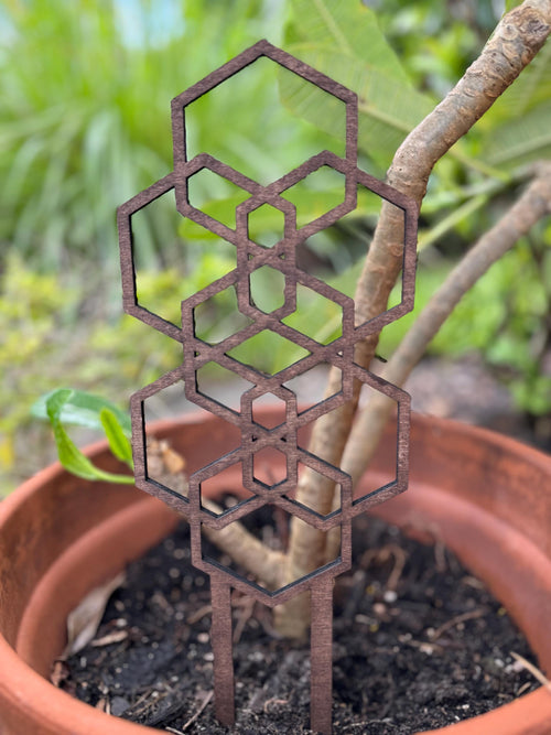 14" Geometric Wooden Trellis | Laser-Cut Design | Indoor Plant Support | Decorated Potted Trellis