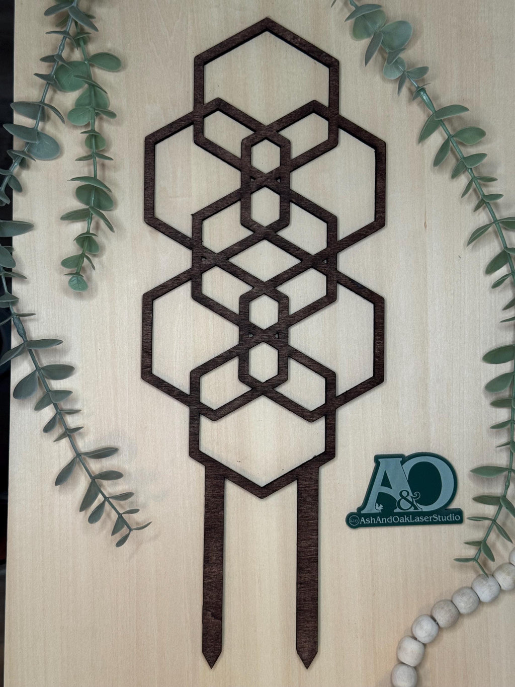 14" Geometric Wooden Trellis | Laser-Cut Design | Indoor Plant Support | Decorated Potted Trellis