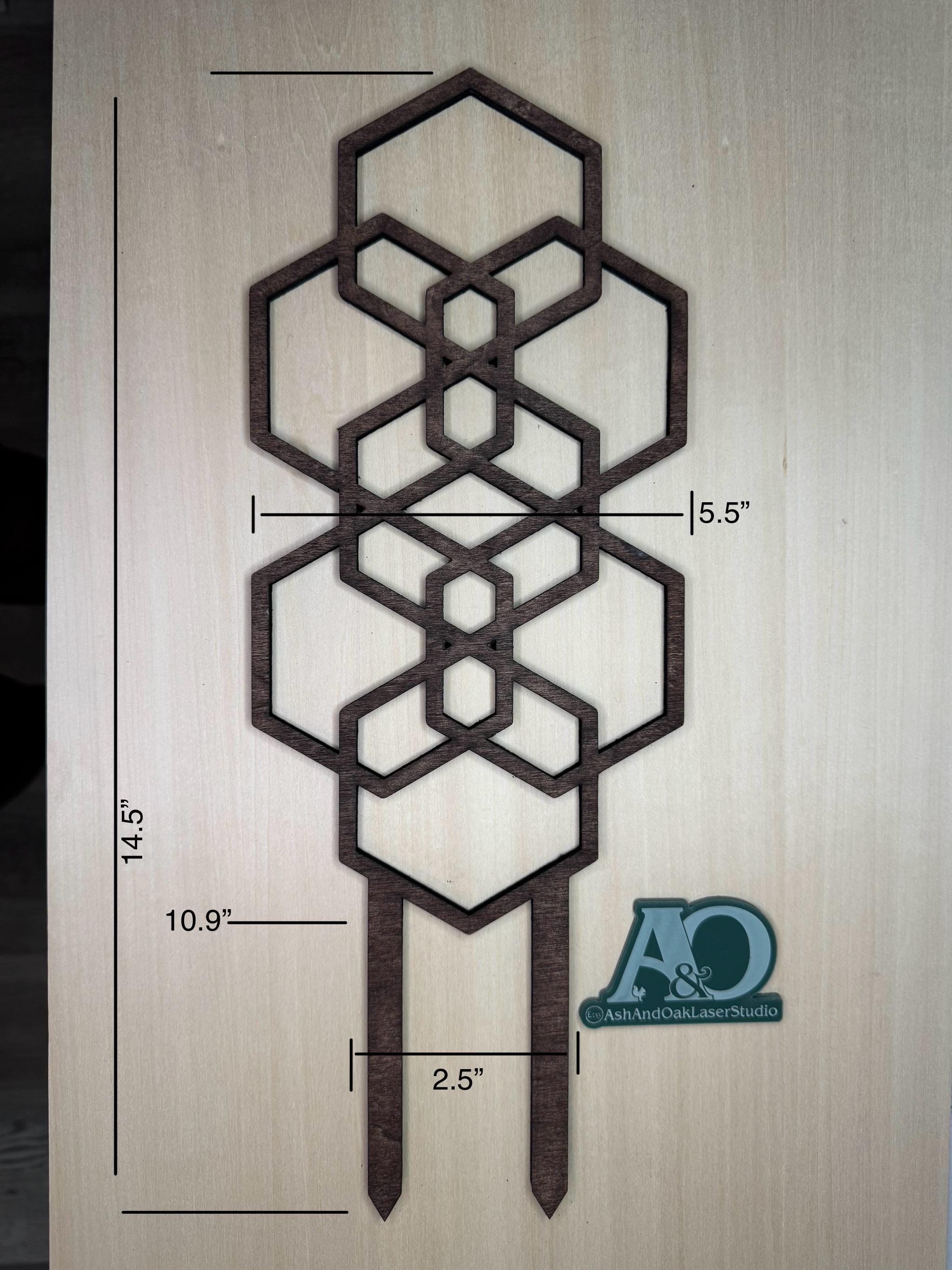 14" Geometric Wooden Trellis | Laser-Cut Design | Indoor Plant Support | Decorated Potted Trellis