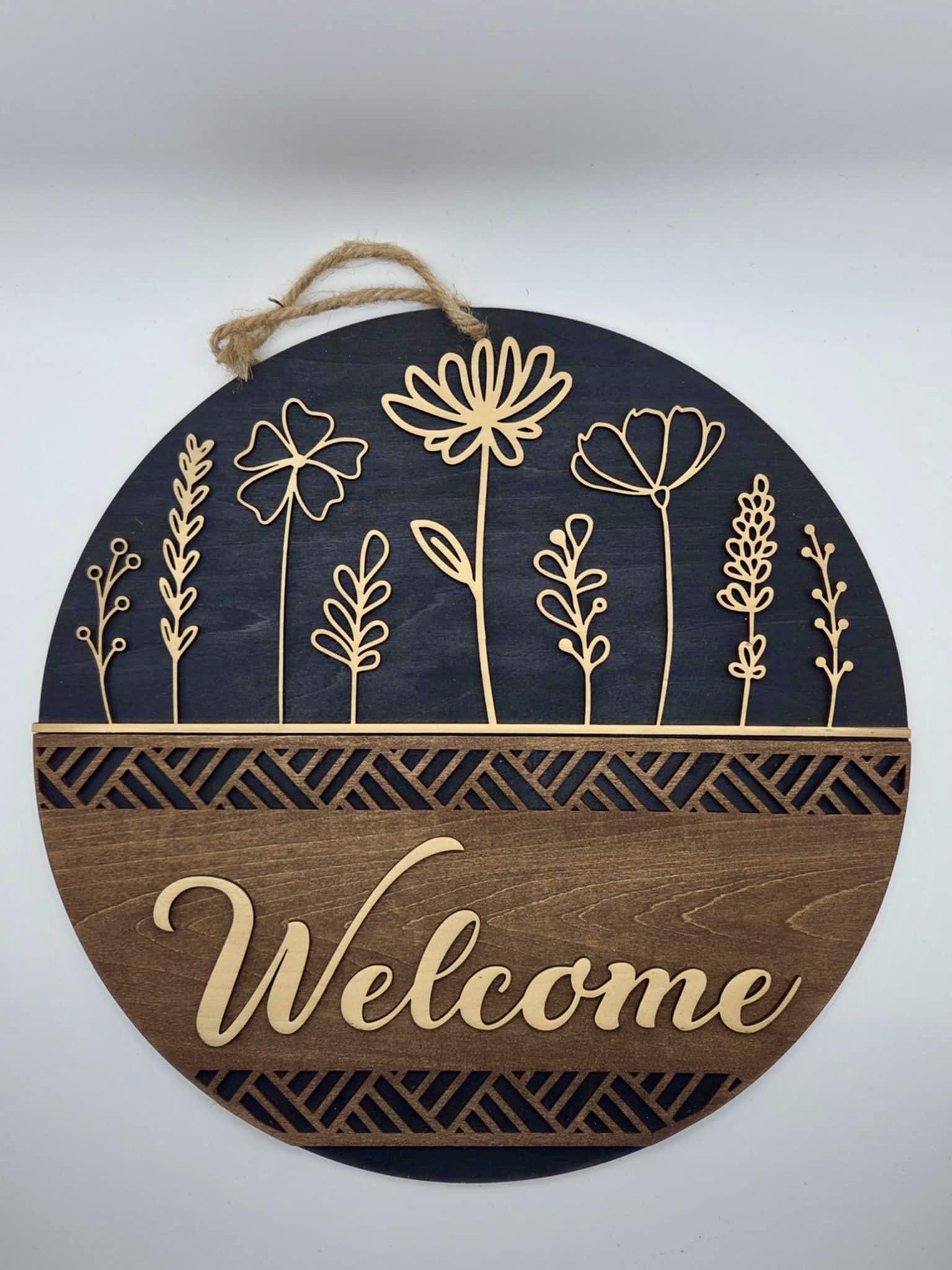 12” Modern Floral Design | Multilayer Welcome Sign | Laser Engraved Wood