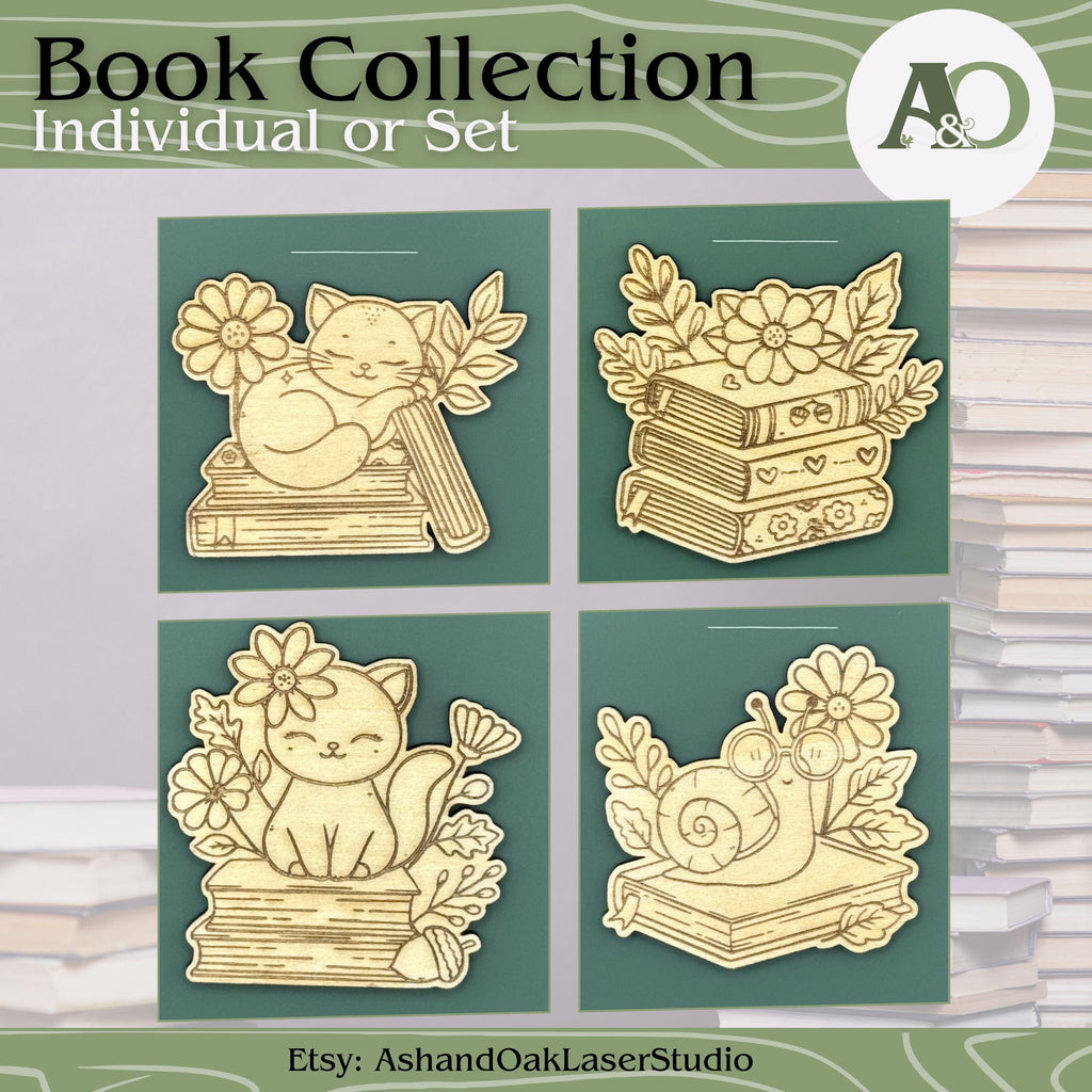 Bookworm Collection Set or Individual | Cat & Book | Wood Laser Engraved Magnets