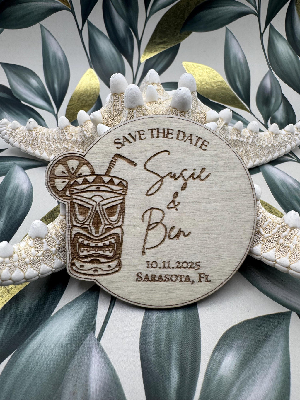 Tiki Save The Date Magnet | Tropical Theme Wedding | Custom Name, Date, Place
