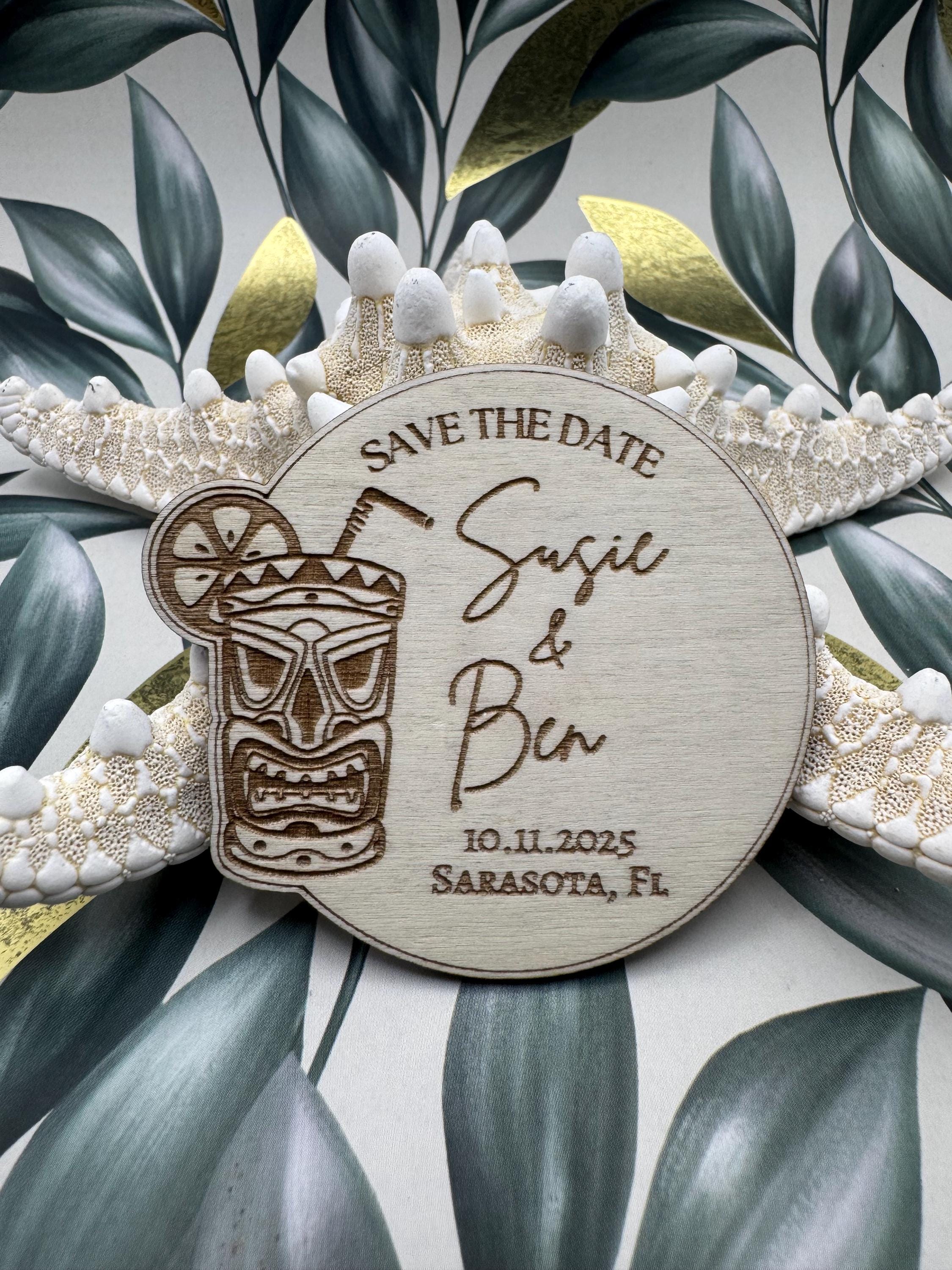Tiki Save The Date Magnet | Tropical Theme Wedding | Custom Name, Date, Place
