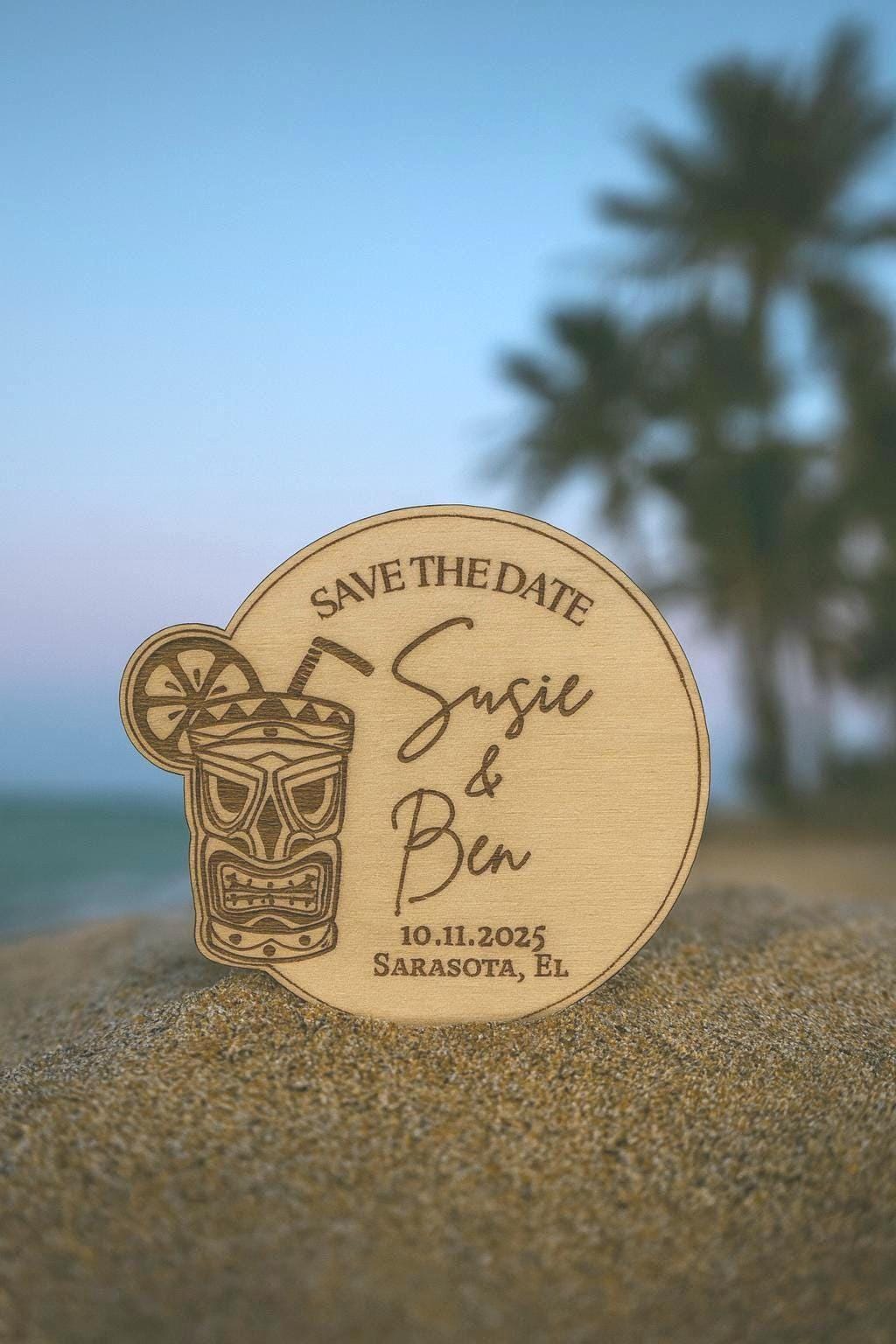 Tiki Save The Date Magnet | Tropical Theme Wedding | Custom Name, Date, Place