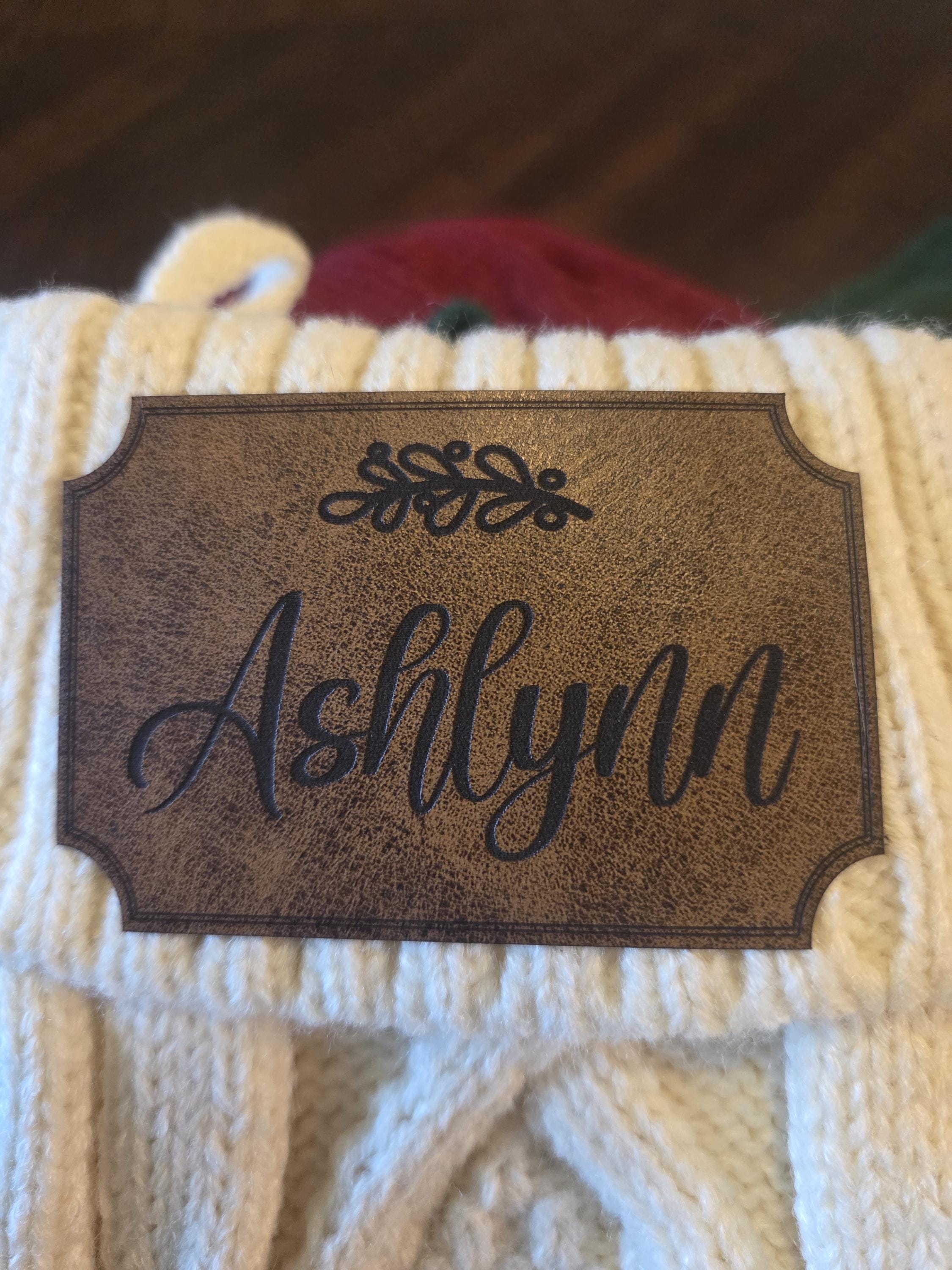 Personalized Christmas Stocking with Leather Engraved Patch | 3 Designs