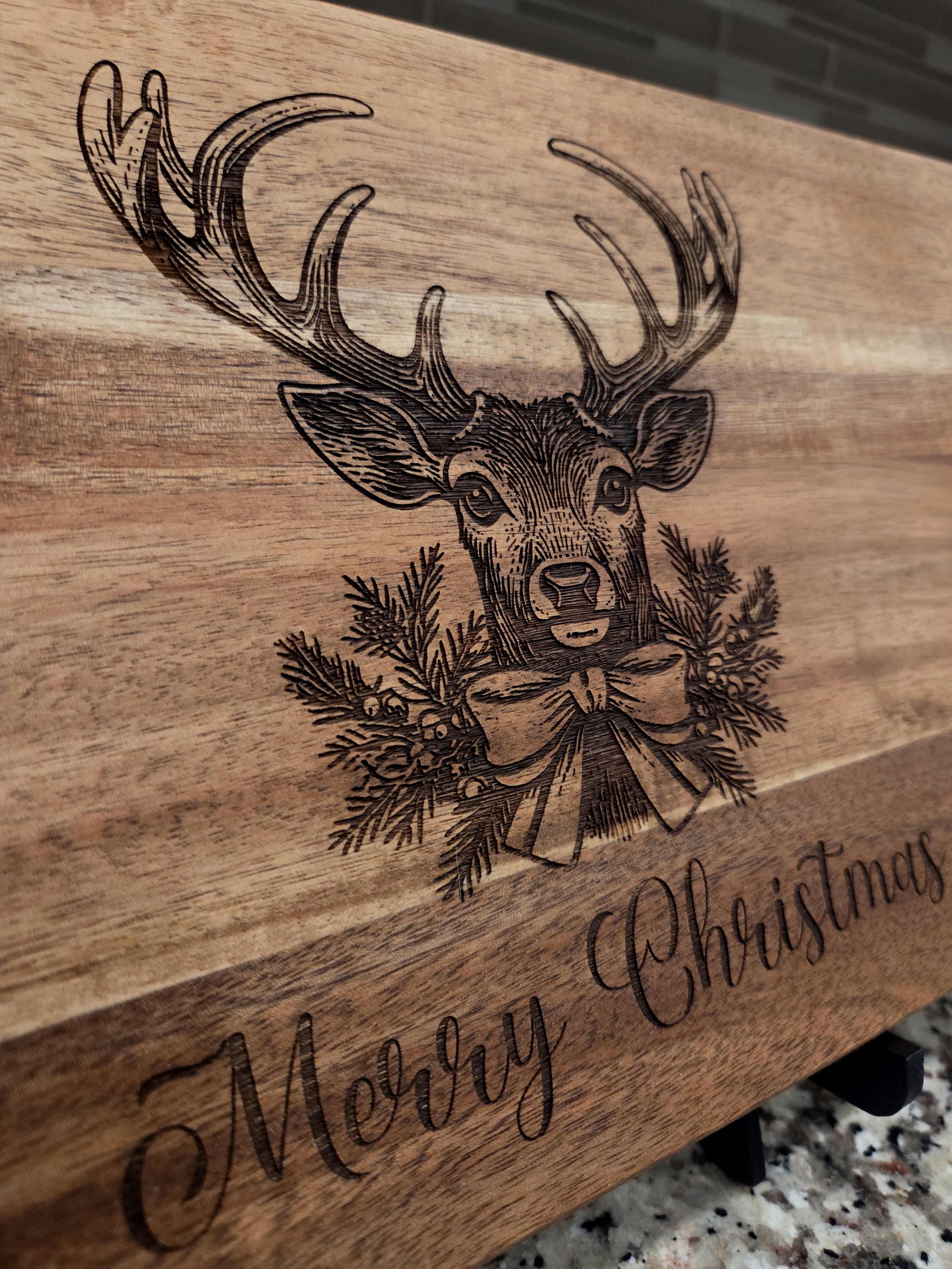 Deer w/Christmas Ornament Acacia  Board, Charcuterie Display Board, Holiday Themed