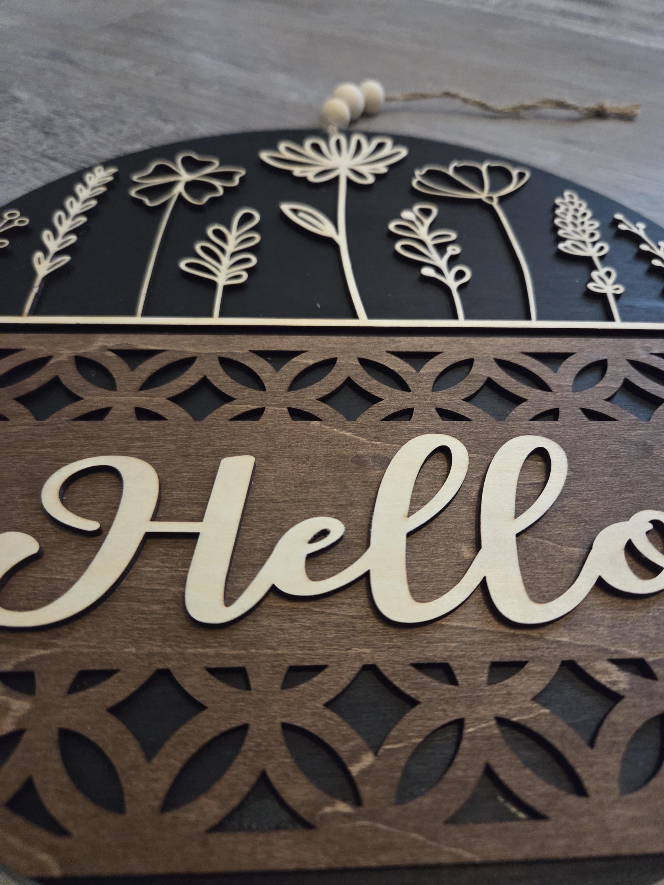Floral Welcome Sign | Engraved Wood Door Hanger