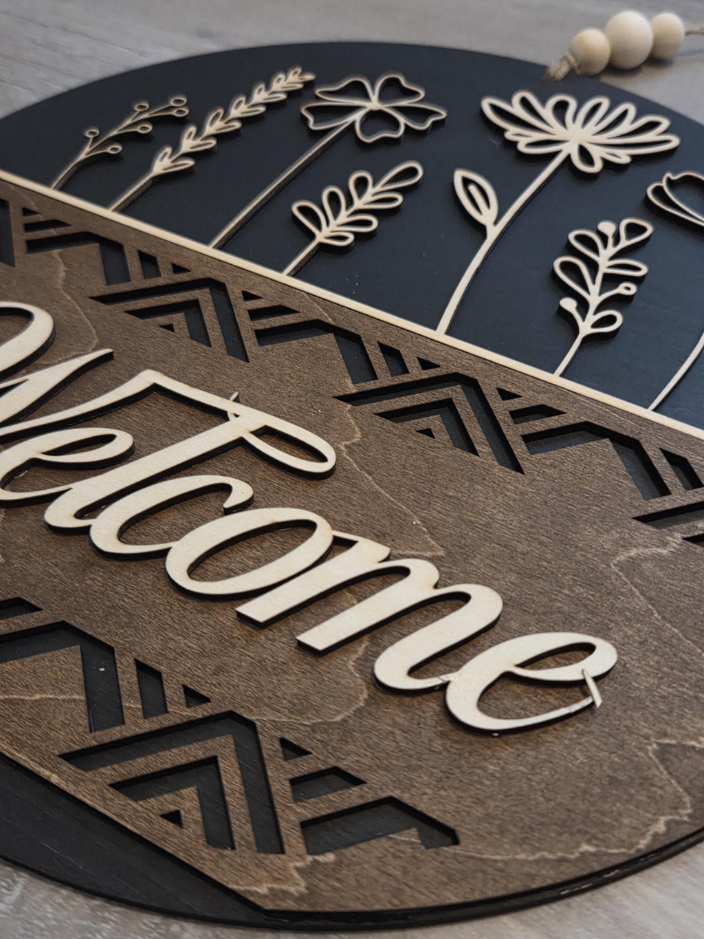 Floral Welcome Door Hanger | Laser Engraved Basswood Sign