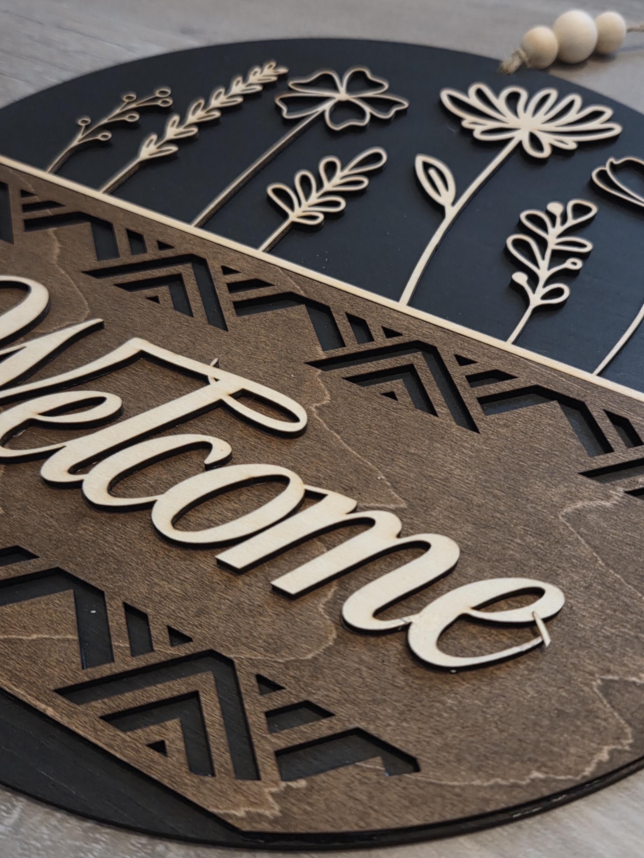Floral Welcome Door Hanger | Laser Engraved Basswood Sign