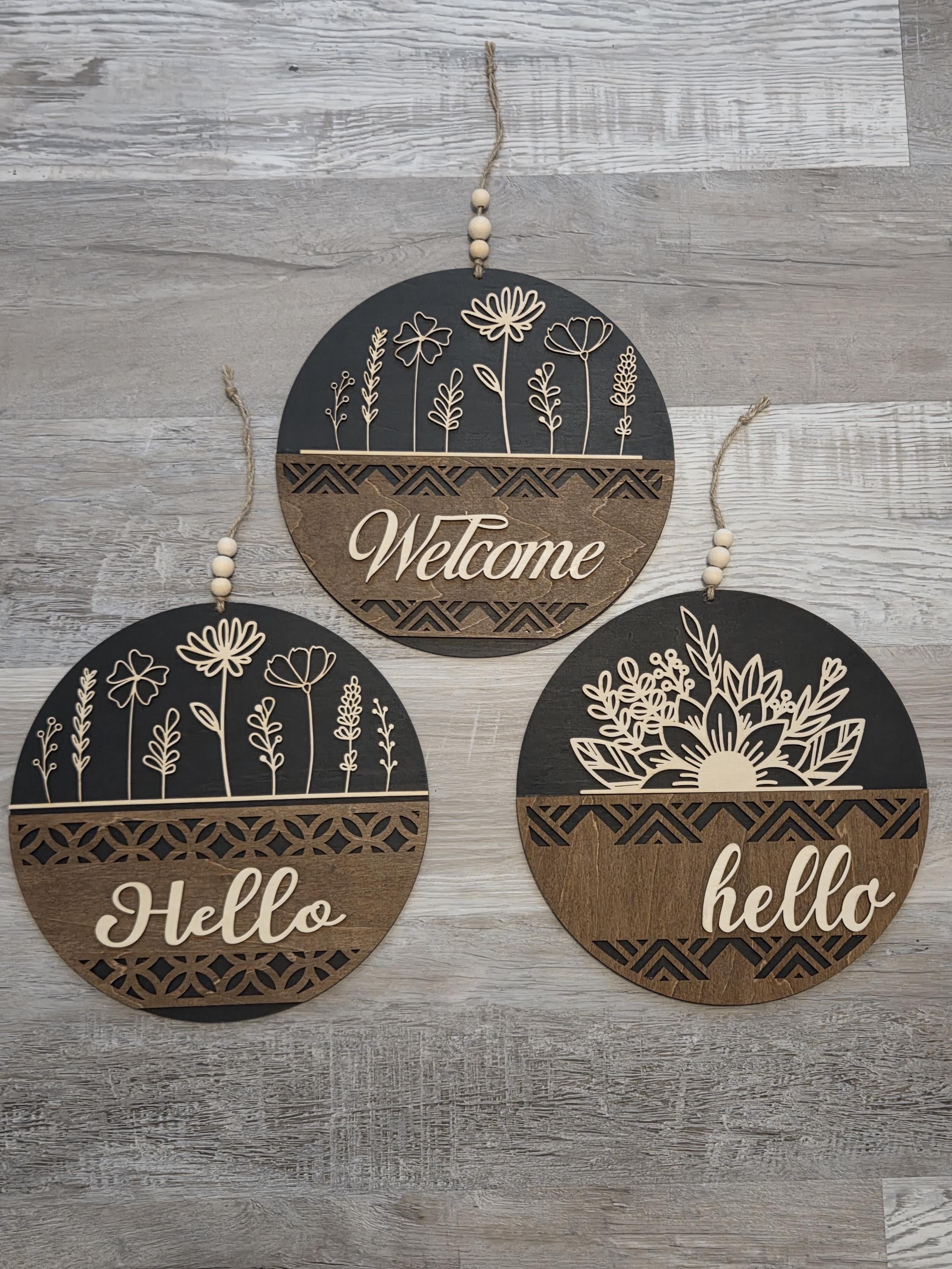 Floral Welcome Door Hanger | Laser Engraved Basswood Sign