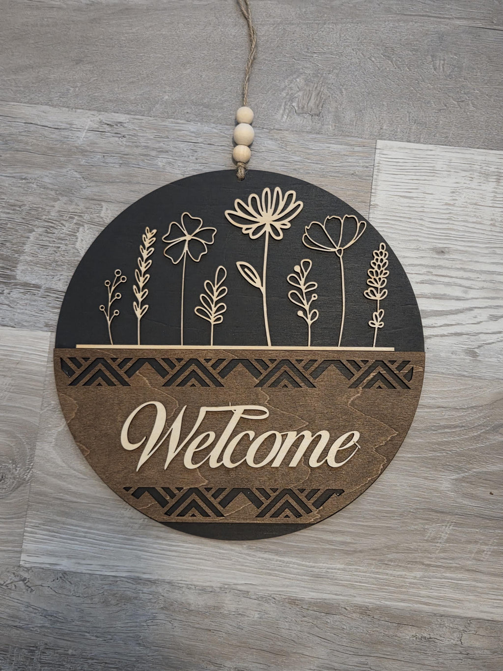 Floral Welcome Door Hanger | Laser Engraved Basswood Sign