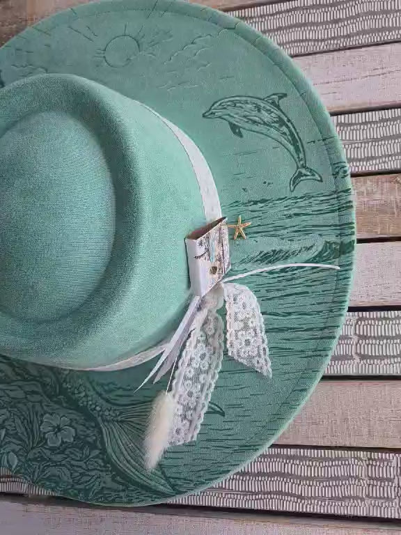 Sanibel Mermaid Hat | Hand-Painted Coastal Wide Brim Hat | One-of-a-Kind